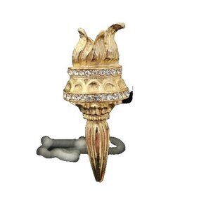 Vintage Gold Tone Brooch Pin, Torch, Rhinestones Embellishments, 2" x .75"